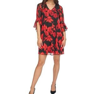 Women's Floral-Print Bell-Sleeve Shift Dress